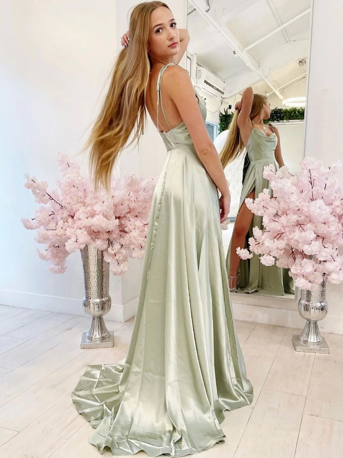 Simple light green satin long prom dress green evening dress