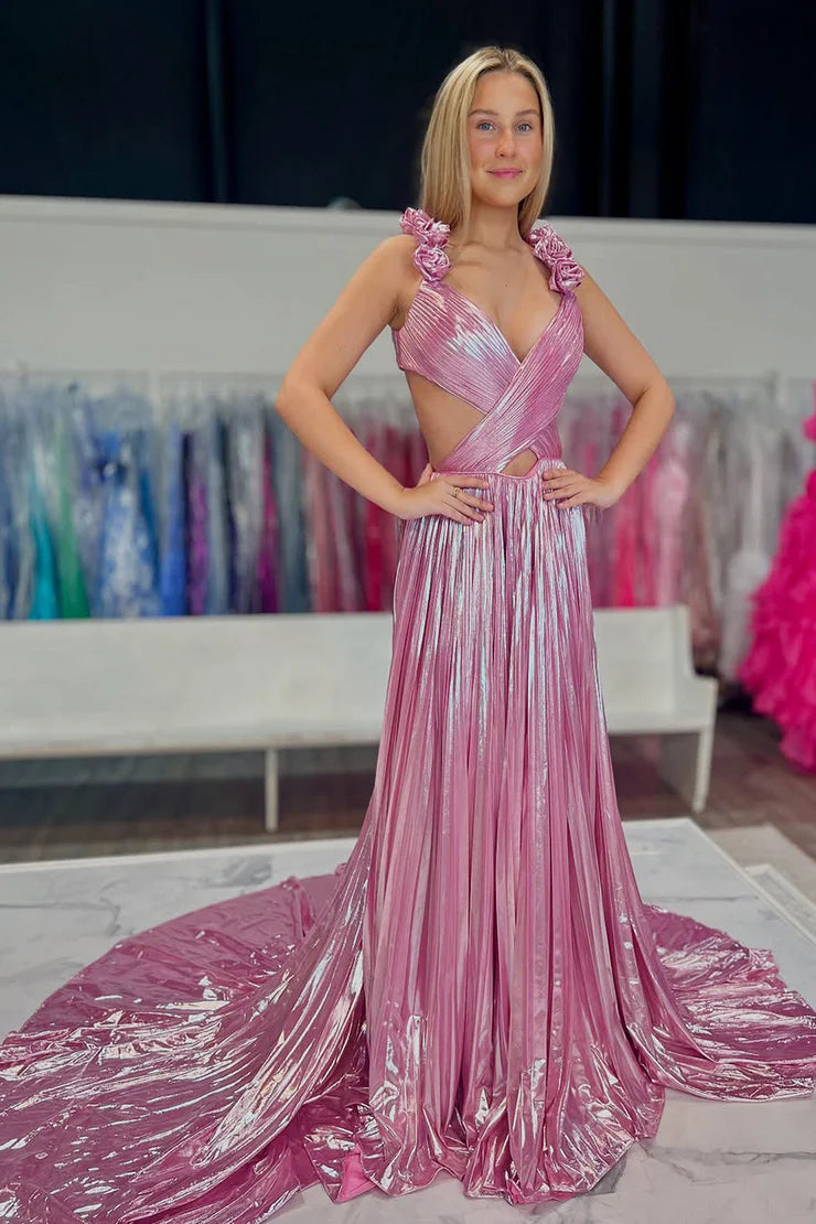 A Line V Neck Pink Pleat Metallic Satin Long Prom Dress