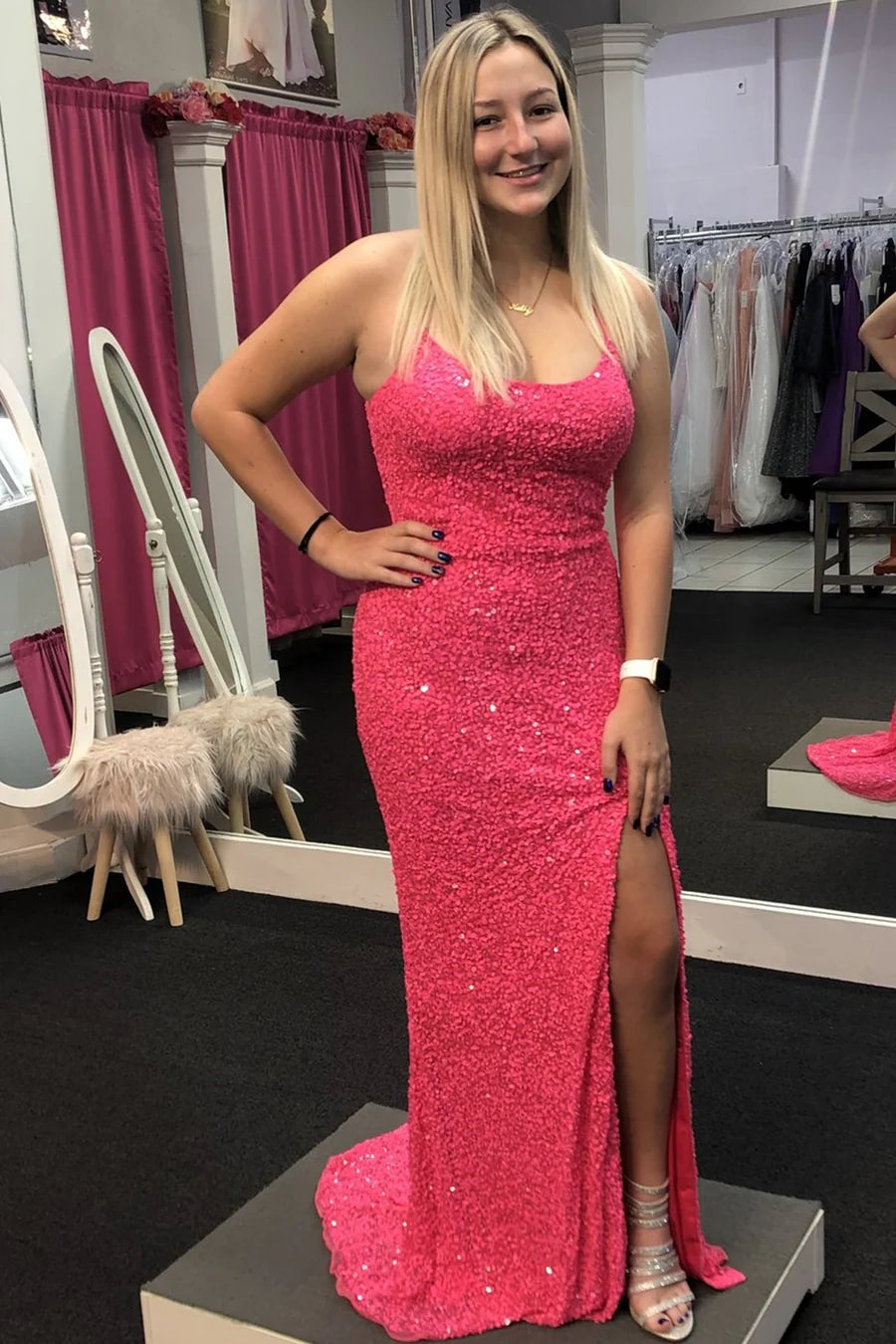 Neon Pink Sequin Mermaid Long Formal Dress