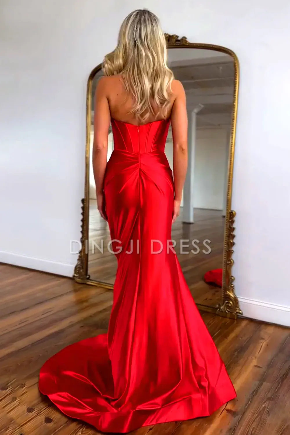 DingJiDress Cute Mermaid Strapless Long Satin Pleated with Slit and Bowknot Elegant Prom Dress