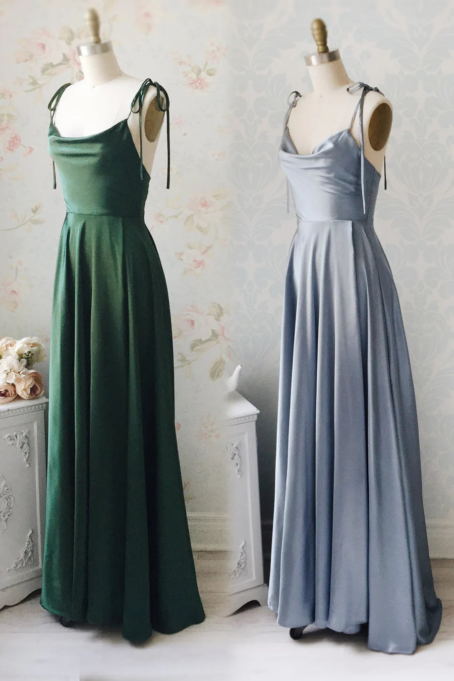 Green A-line Cowl Neck Long Formal Dress