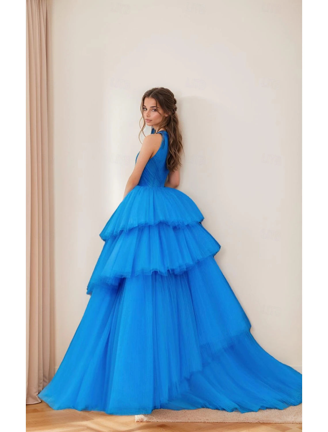A-Line Prom Tiered Dresses Party Dress Evening Party Cocktail Party Floor Length Sleeveless Halter Neck Polyester with Pleats Beading
