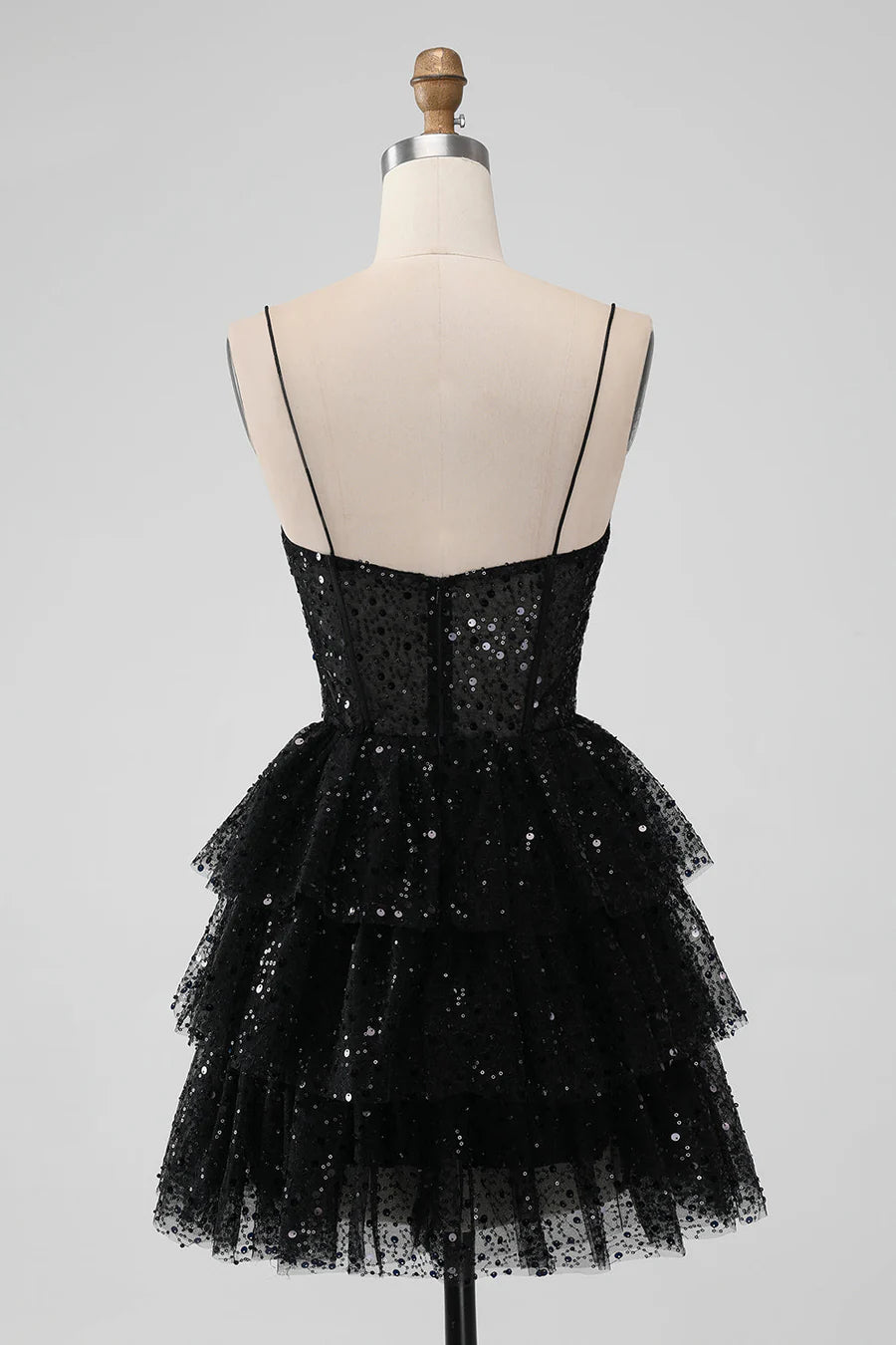 Black Tulle Sequin Ruffle Tiered Short Homecoming Dress