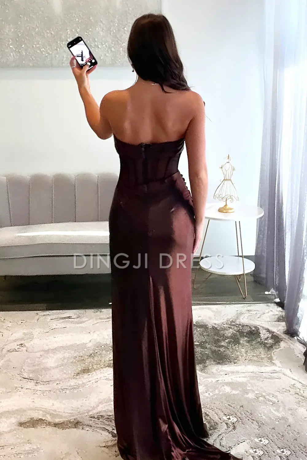 DingJiDress Chic Mermaid Strapless Pleated Long Metallic with Leg Slit Exquisite Prom Dress