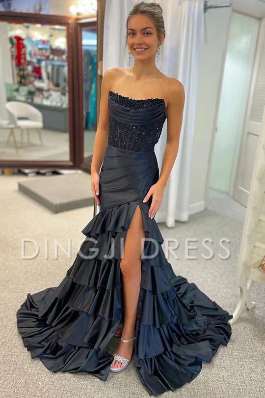 DingJiDress Strapless Scoop Layered Pleated Mermaid Side Fork Elegant Prom Dress