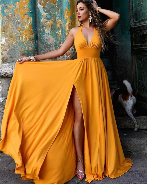 Elegant Neck Hanging A-line Split Back Gold Long Ball Dress