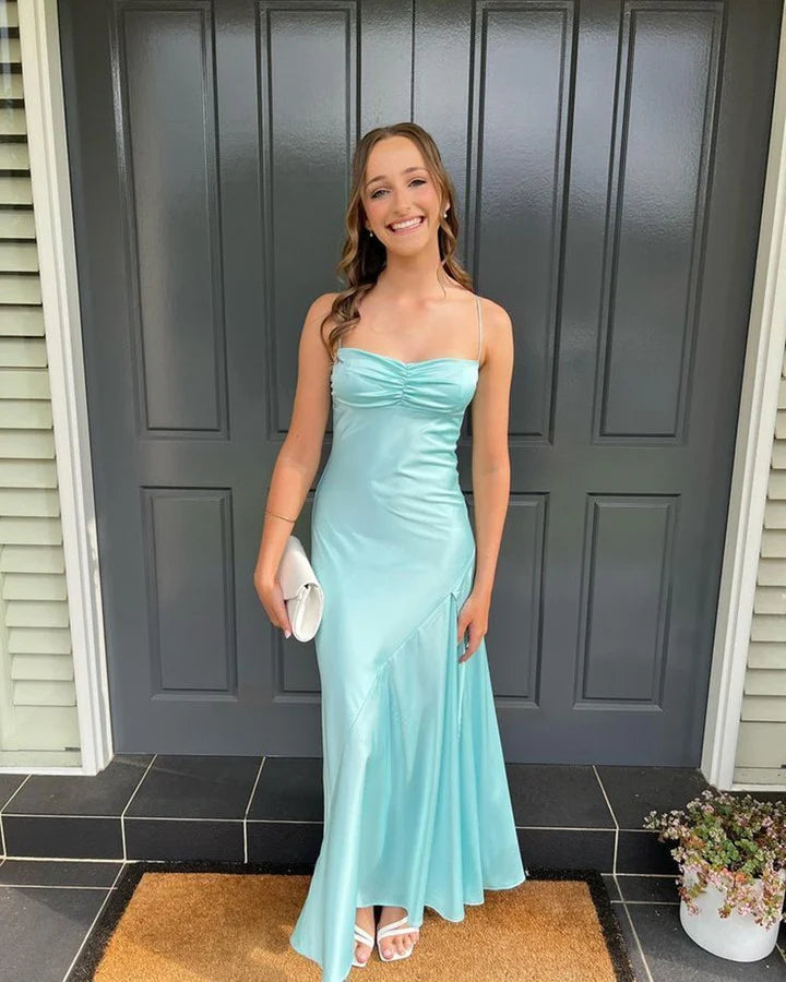 Light blue long camisole split party dress with slit