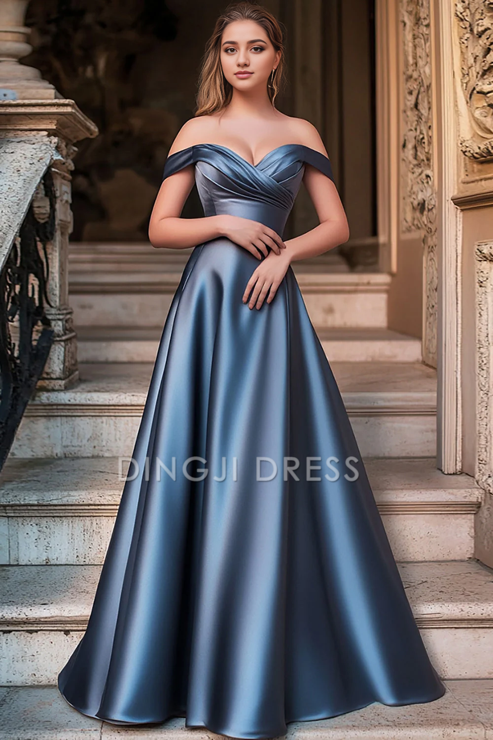DingJiDress High Quality Dress A Line Off The Shoulder Pleated Satin Long Fashion Prom Dress