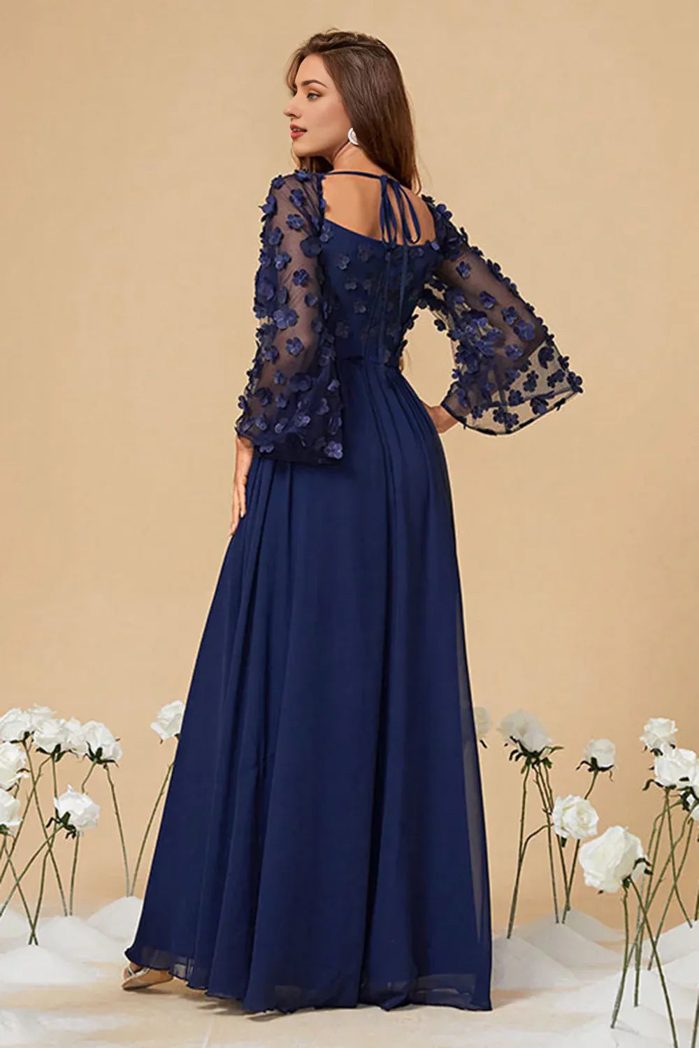 Navy Chiffon Mother Of The Bride Dress with Flowers