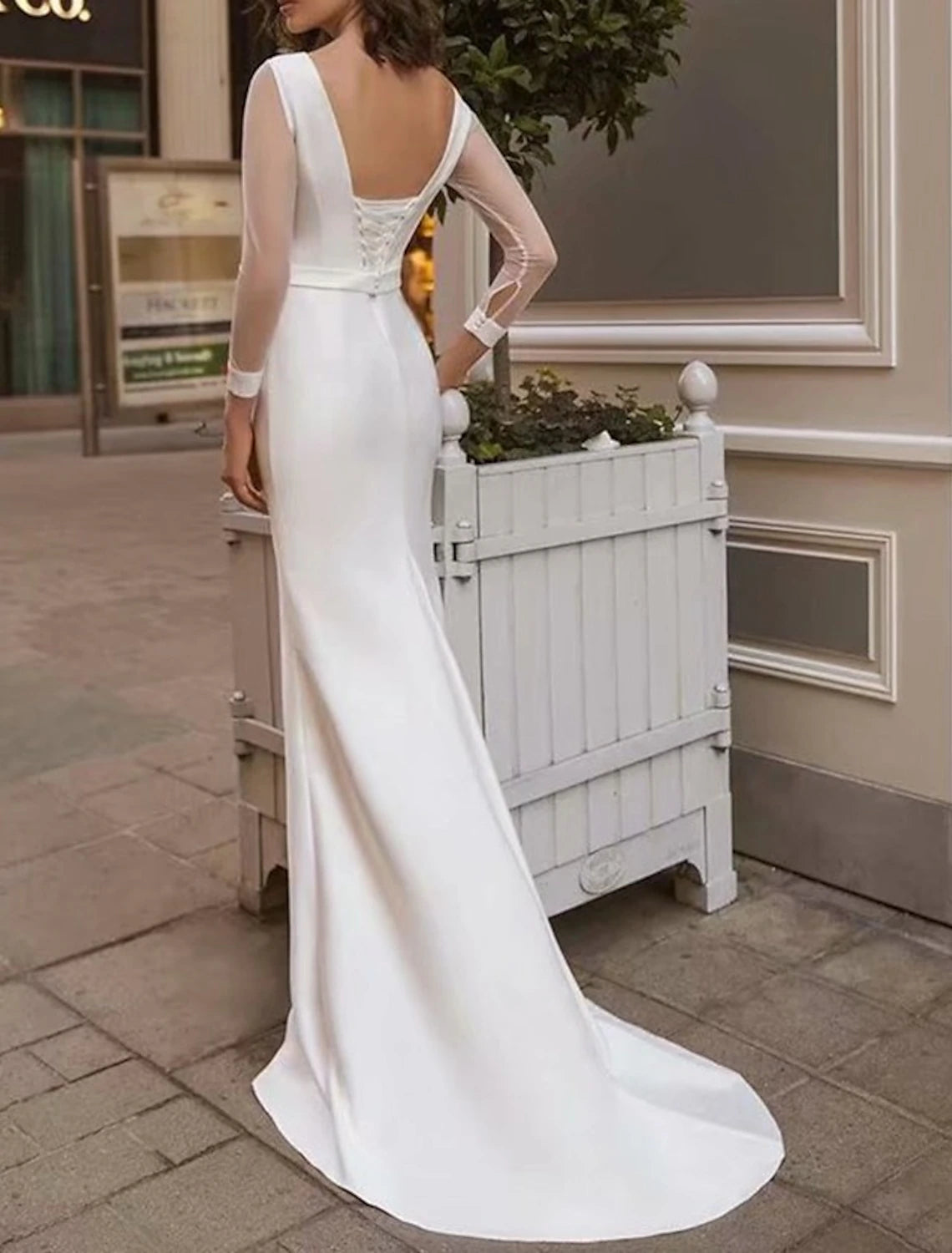 Reception Royal Style Simple Wedding Dresses Mermaid Scoop Neck Long Sleeve Sweep / Brush Train Satin Bridal Gowns With Solid Color Summer Wedding Party dress to impress Fall Wedding