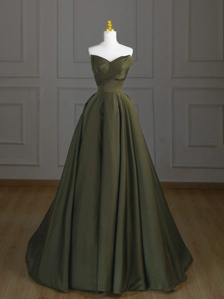 A-Line V Neck Satin Green Long Prom Dress Green Long Evening Dress