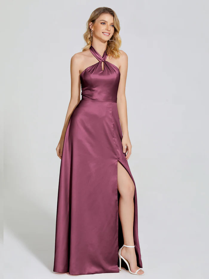 Backless Halter Soft Satin Prom Dress With Cutout