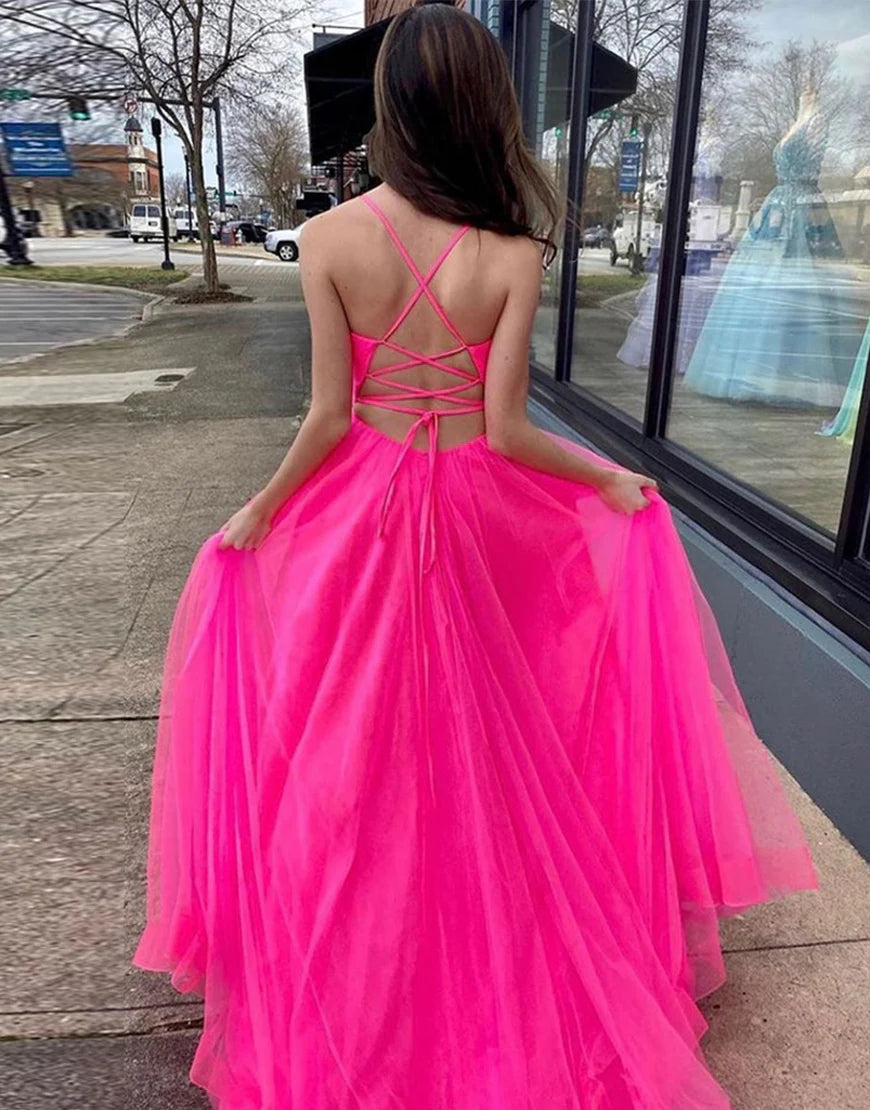 Long Lace Up Back Senior Pink Prom Dress with Split ﻿