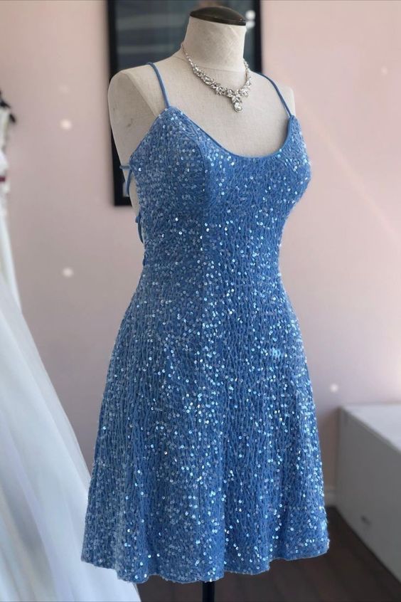 Blue lace up sequin back to school dress princess skirt