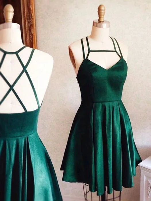 V Neck Short Hunter Green Prom Dress with Cross Back Short Hunter Green Formal Graduation Homecoming ﻿