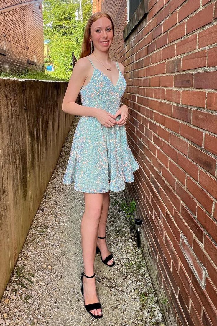 Light blue backless sequin A-line back to school dress