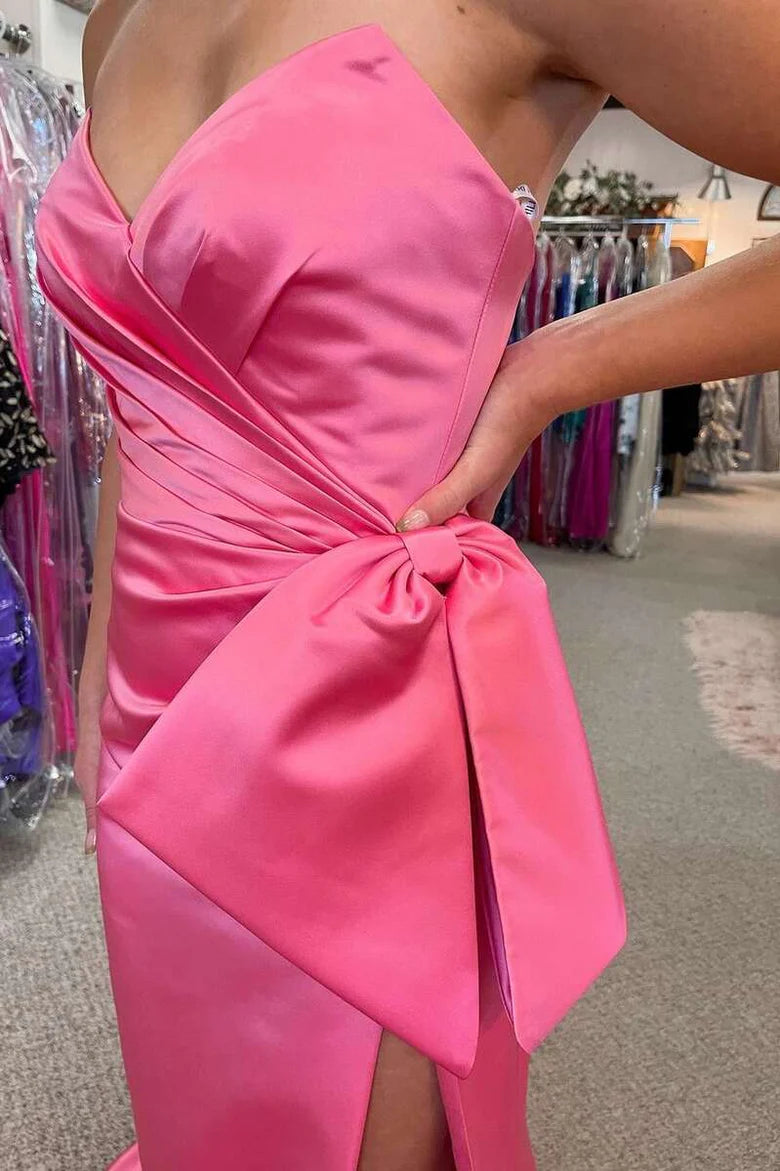 Pink Satin Strapless Mermaid Long Formal Dress with Big Bow