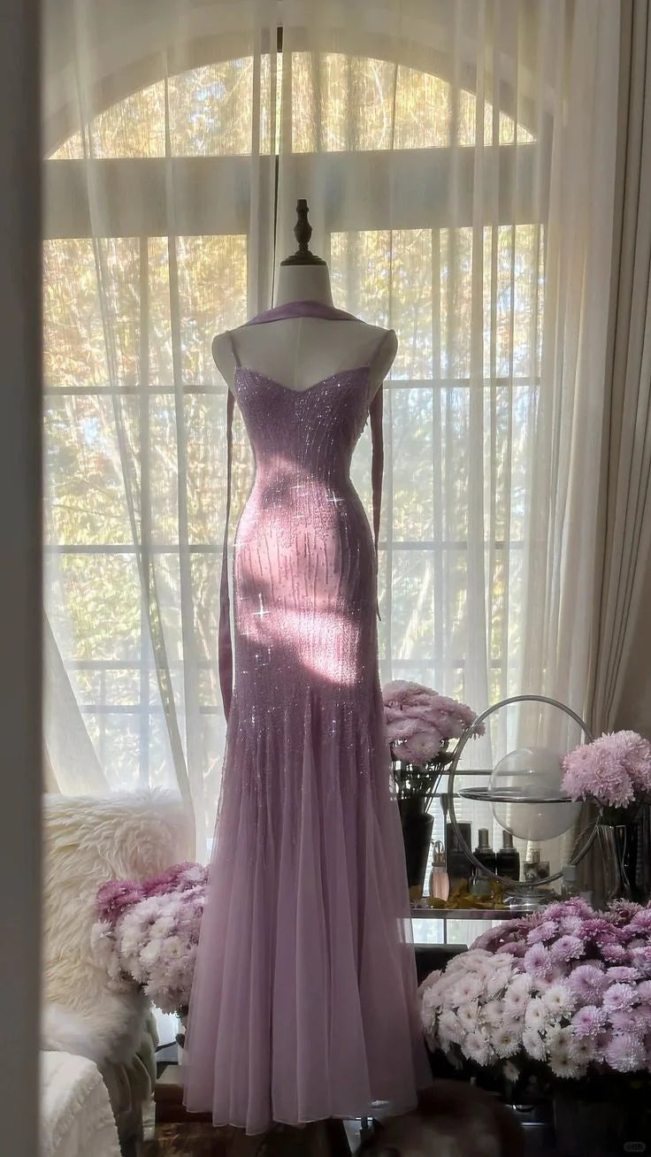 Purple Elegant Mermaid Spaghetti Strap Tulle Sequin Prom Dress Evening Gown