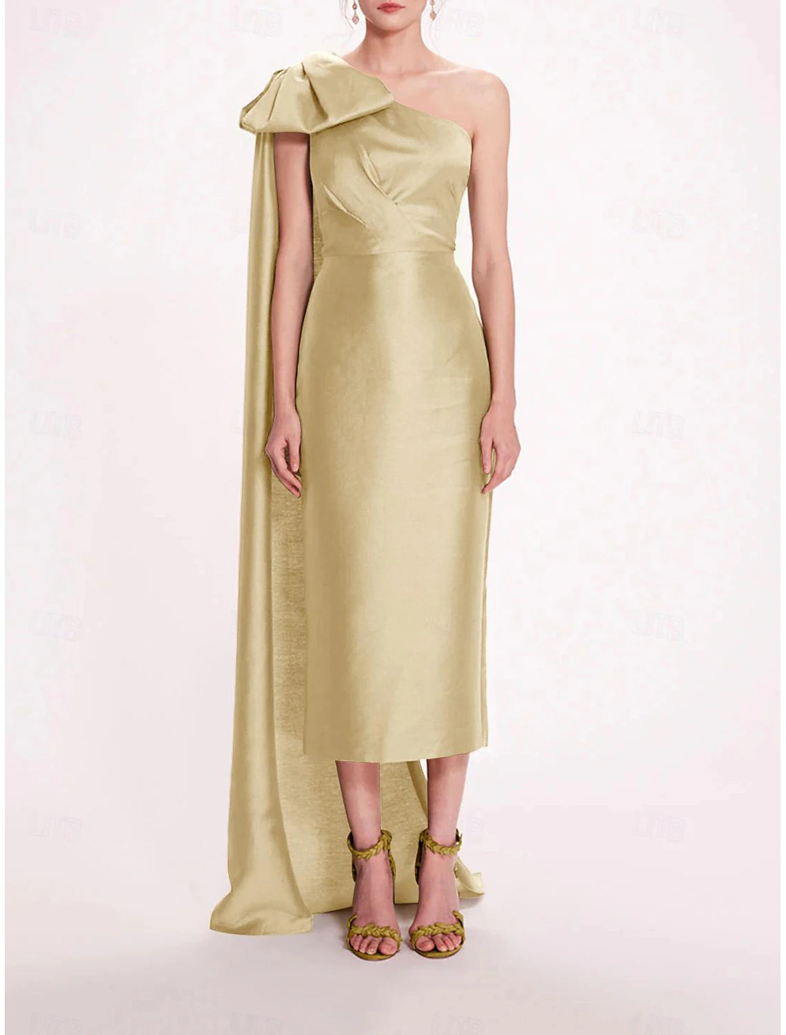 Sheath Evening Gown Elegant Dress Formal Wedding Guest Ankle Length Sleeveless One Shoulder Belt / Sash Satin with Bow