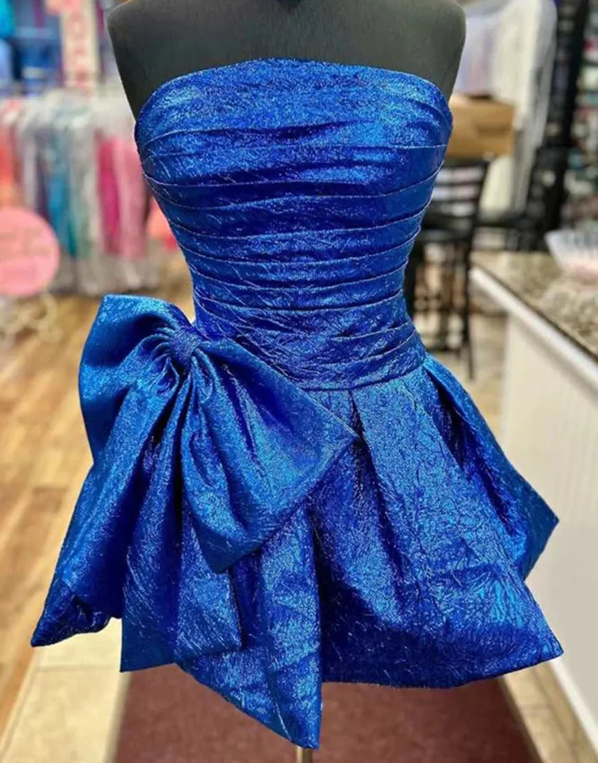 Purple sequin short strapless A-line big bow party dress