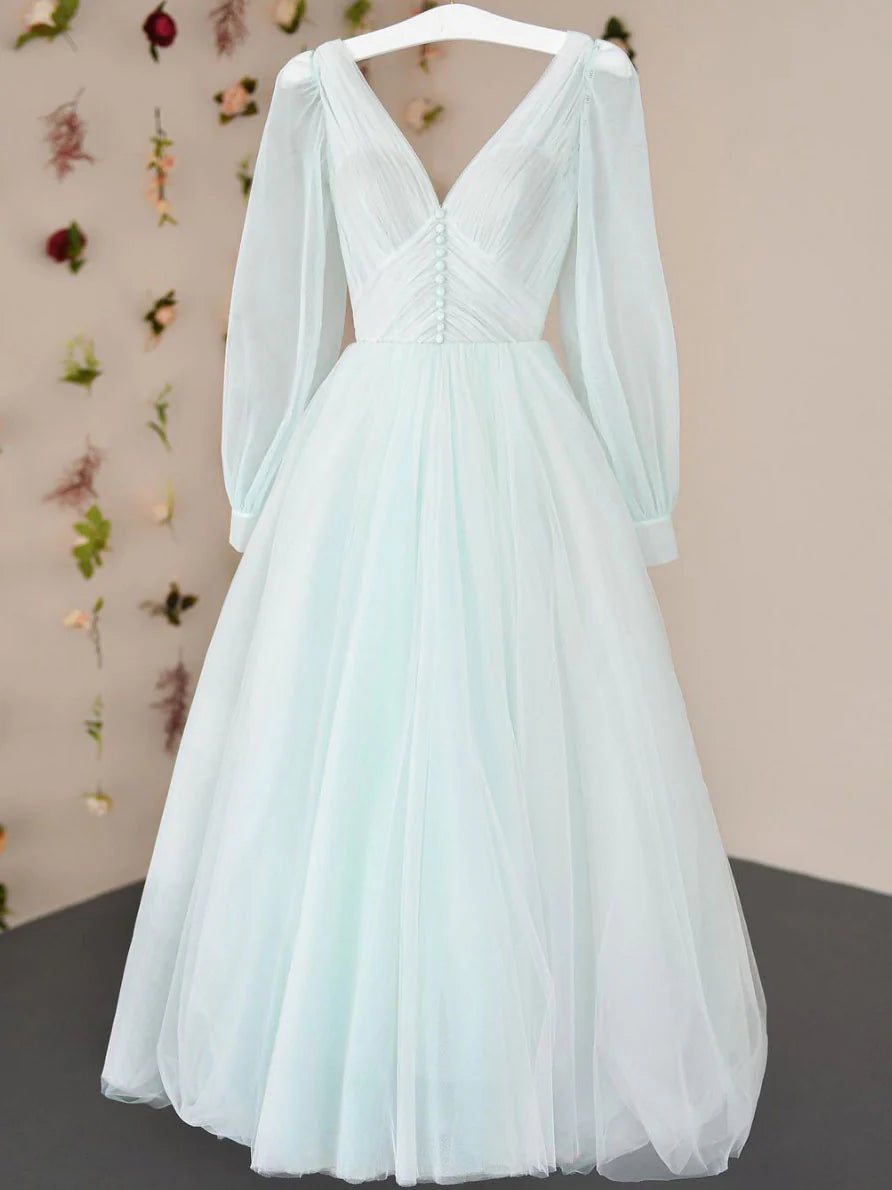 Simple v neck tulle tea length prom dress tulle formal dress