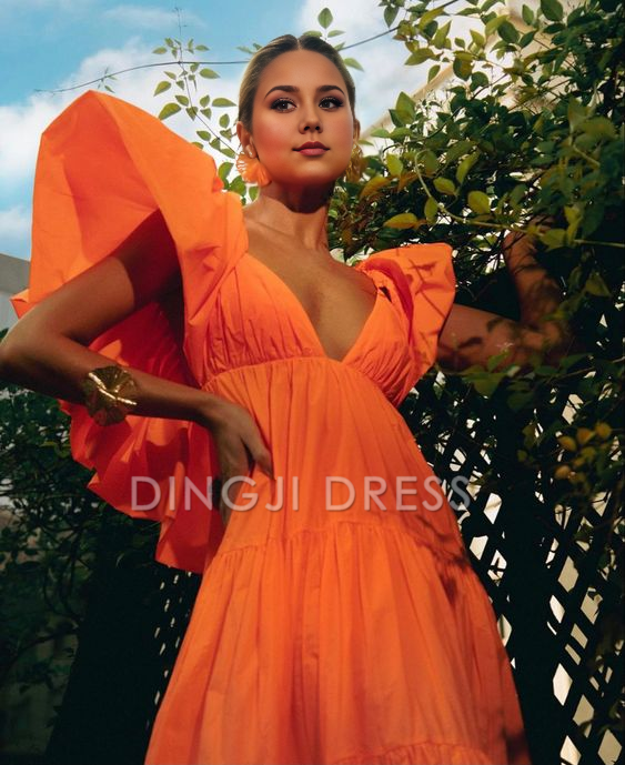 DingJiDress A-Line Deep V Neck Short Sleeves Pleated Long Exquisite Adoration Prom Dress
