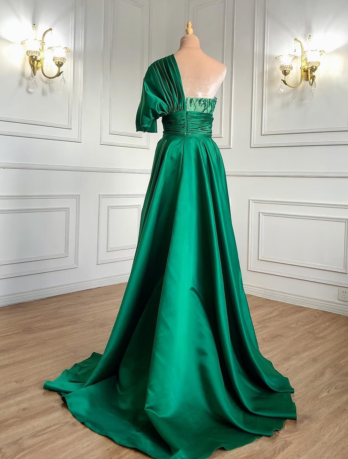 A-Line Evening Gown Luxurious Dress Formal Short Sleeve One Shoulder Charmeuse with Ruched Crystals