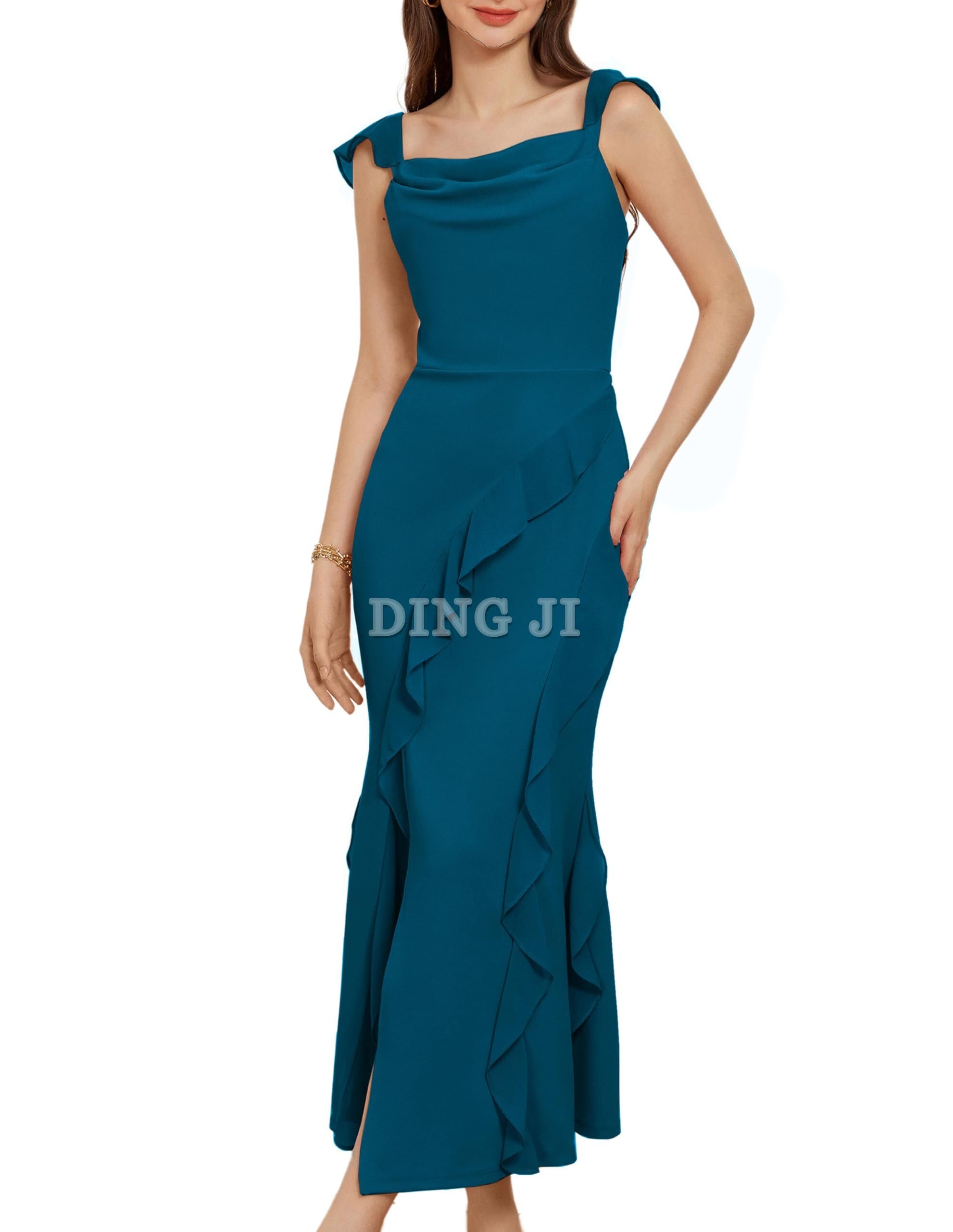 DingJiDress Prom Dress Cowl Neck Sleeveless Ruffled Fishtail Dress High Slit Bodycon Party Maxi Dress Exquisite Formal Wear Dresses Wedding Guests Dresses