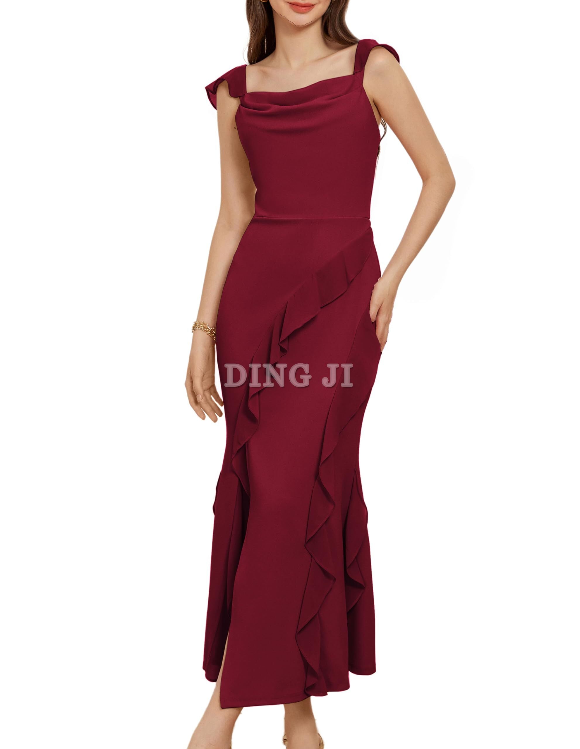 DingJiDress Prom Dress Cowl Neck Sleeveless Ruffled Fishtail Dress High Slit Bodycon Party Maxi Dress Exquisite Formal Wear Dresses Wedding Guests Dresses