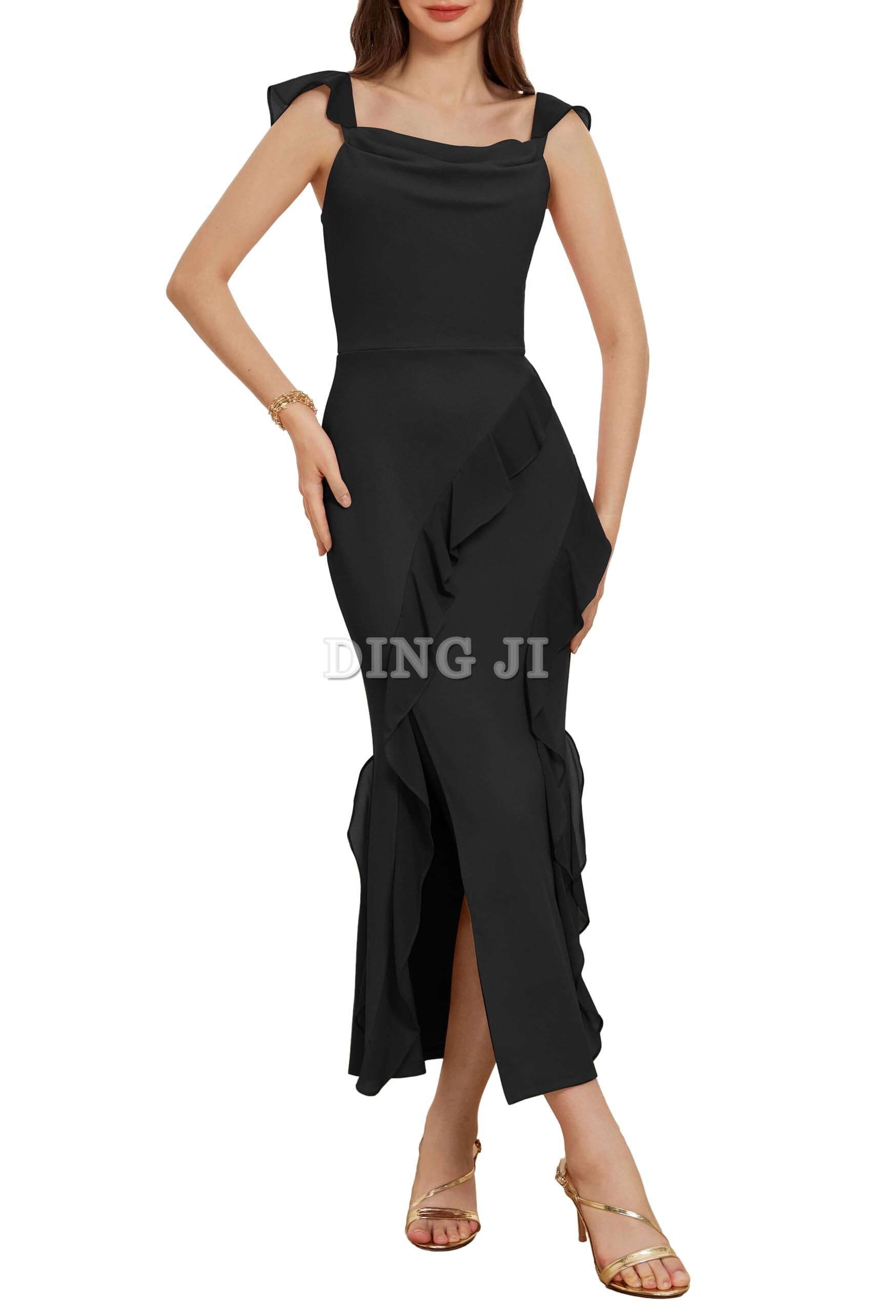 DingJiDress Prom Dress Cowl Neck Sleeveless Ruffled Fishtail Dress High Slit Bodycon Party Maxi Dress Exquisite Formal Wear Dresses Wedding Guests Dresses
