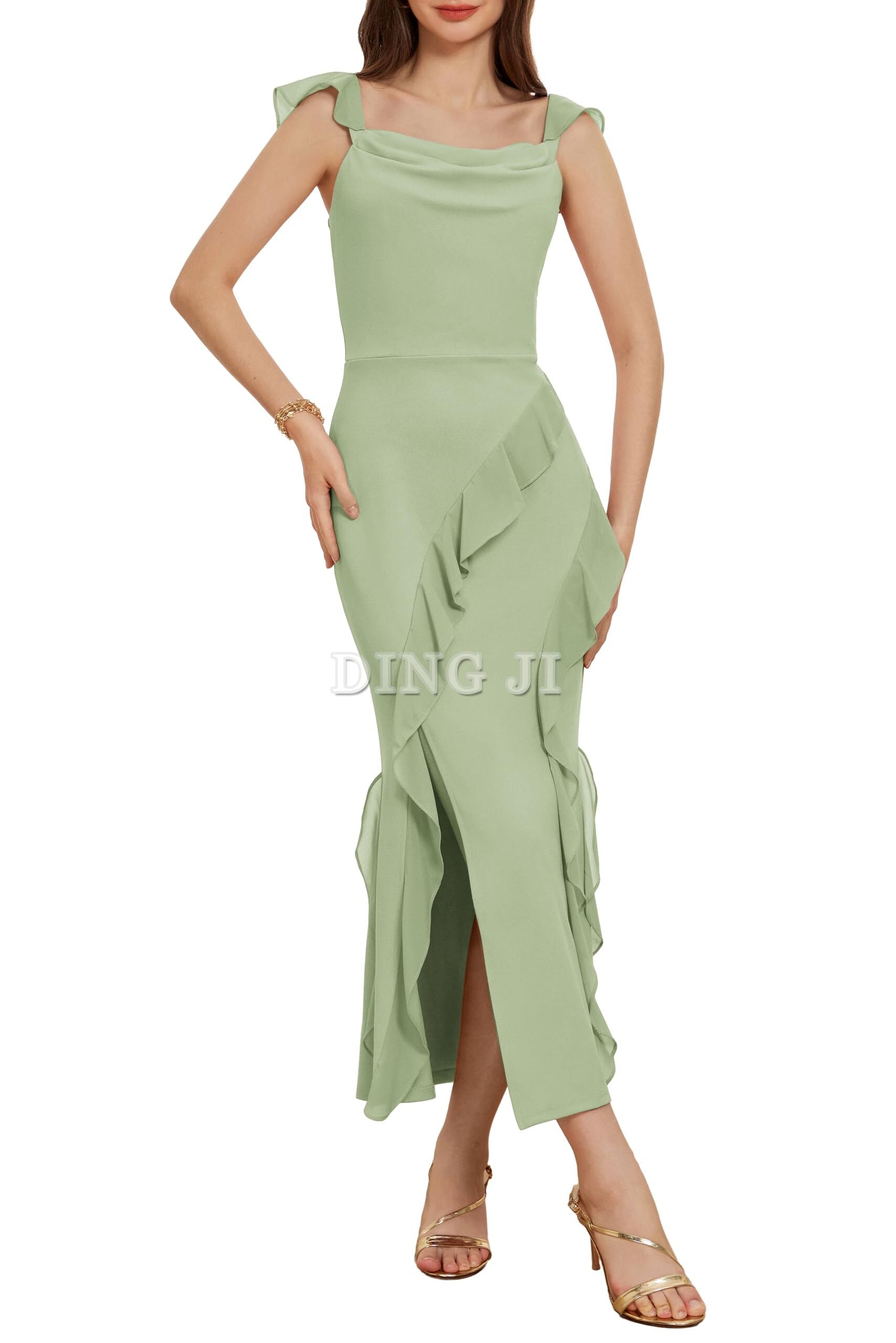 DingJiDress Prom Dress Cowl Neck Sleeveless Ruffled Fishtail Dress High Slit Bodycon Party Maxi Dress Exquisite Formal Wear Dresses Wedding Guests Dresses