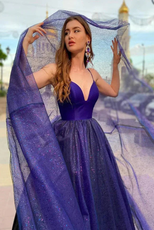 V Neck Backless Tulle Long Prom Dresses Backless Formal Dresses