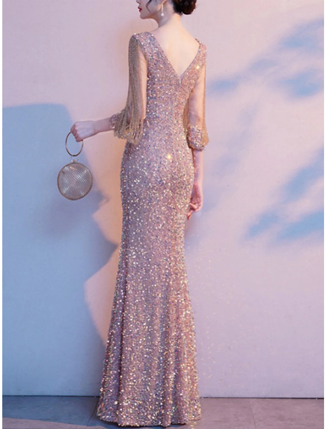 Sheath Evening Gown Elegant Sparkle & Shine Petite Jewel Neck Floor Length Sequined 3/4 Length Sleeve with Solid Color dress to impress