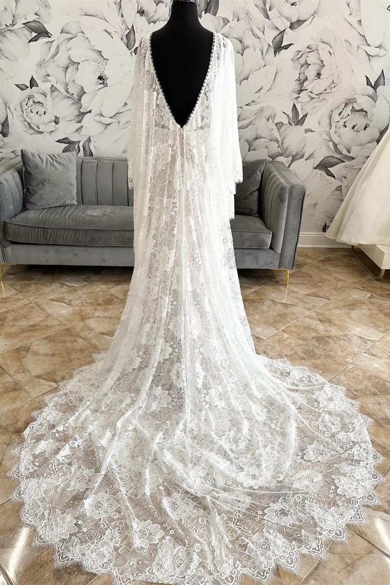 White Lace Plunge V Mermaid Long Wedding Dress with Bell Sleeves