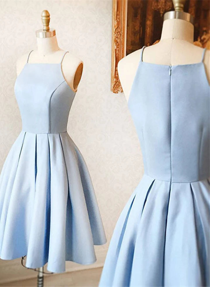 Blue Satin Short Halter Prom Dress Light Blue Short Homecoming Dress