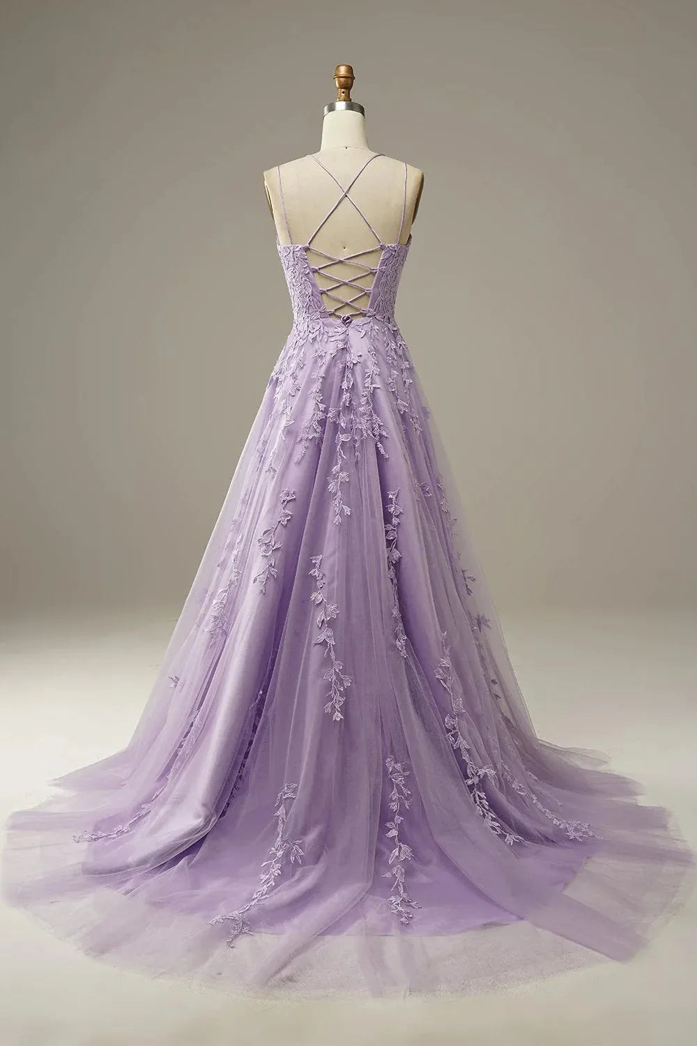 Purple long A-line version chiffon lace up decal party dress