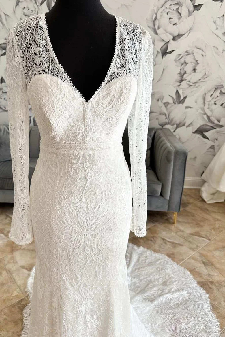 White Lace V-Neck Lace-Up Back Long Sleeve Mermaid Wedding Dress