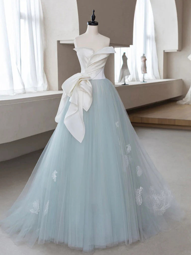 A-Line Tulle Lace Blue Long Prom Dress  Blue Tulle Lace Formal Dress