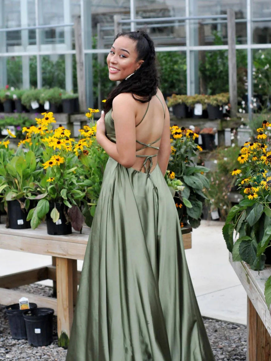 Simple green satin long prom dress green evening dress