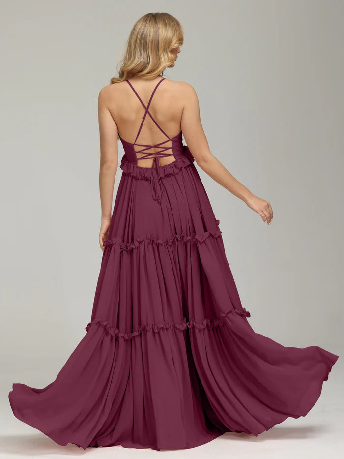 Backless V-neck Empire Waist Prom Dress