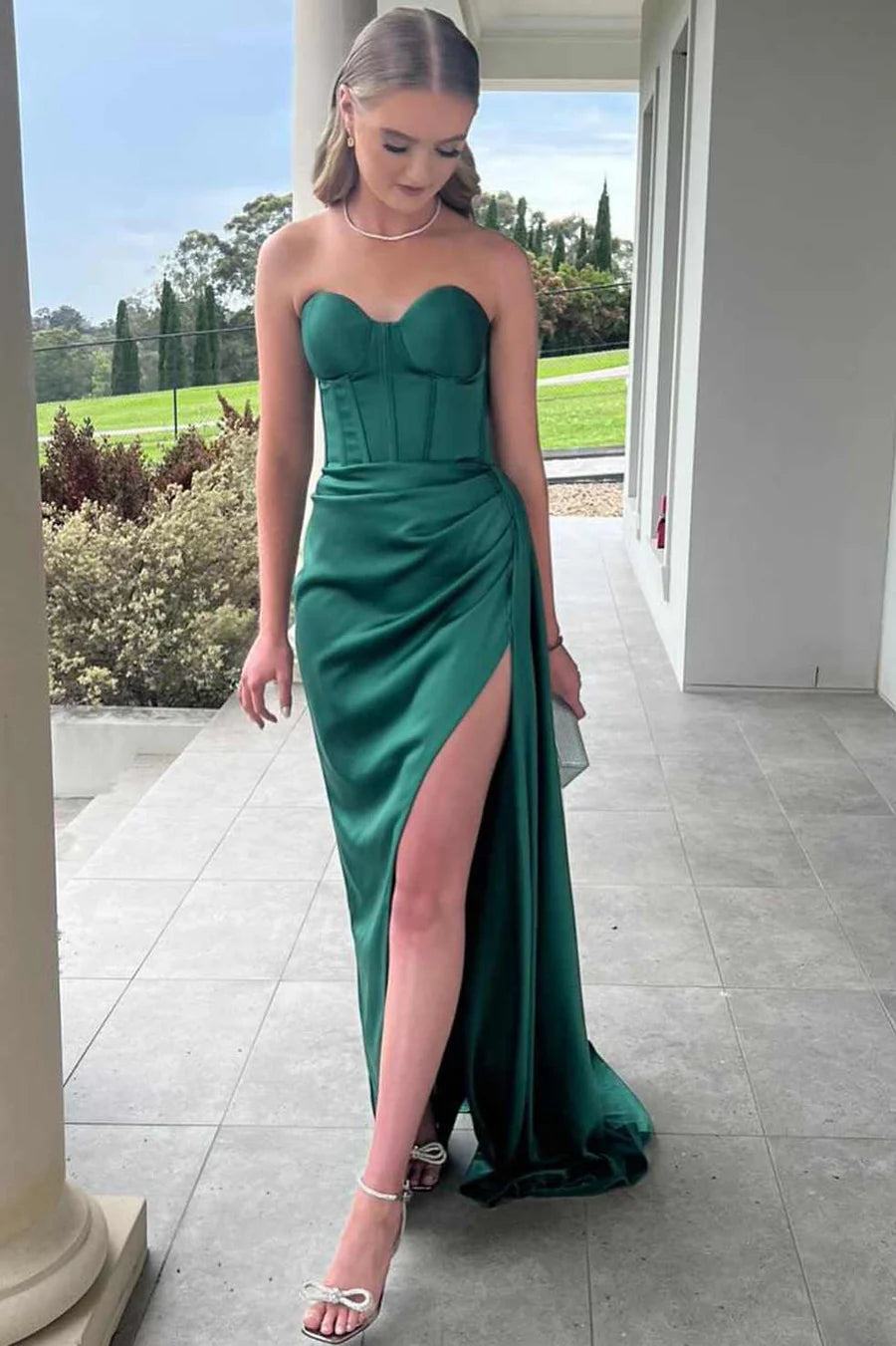 Elegant Mermaid Sweetheart Strapless Lace Up Floor-Length Pleated High Slit Satin Prom Dress