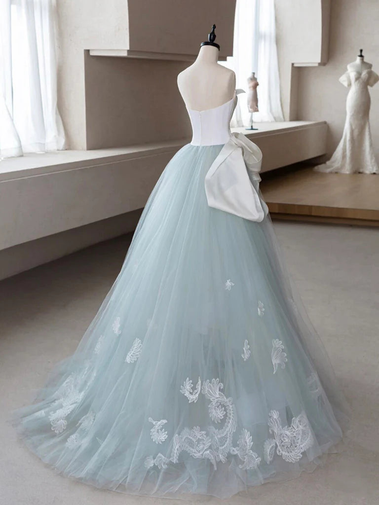 A-Line Tulle Lace Blue Long Prom Dress  Blue Tulle Lace Formal Dress