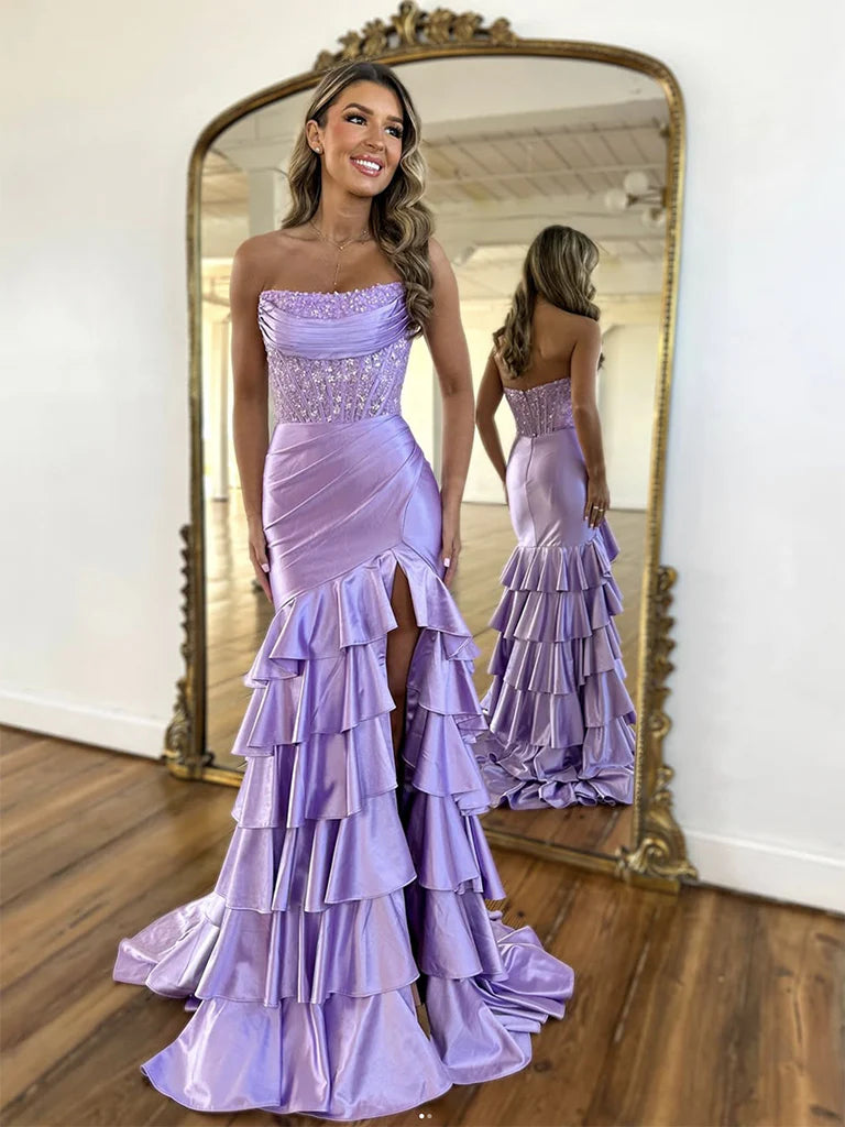 Mermaid Satin Lace Purple Long Prom Dress Purple Long Evening Dress