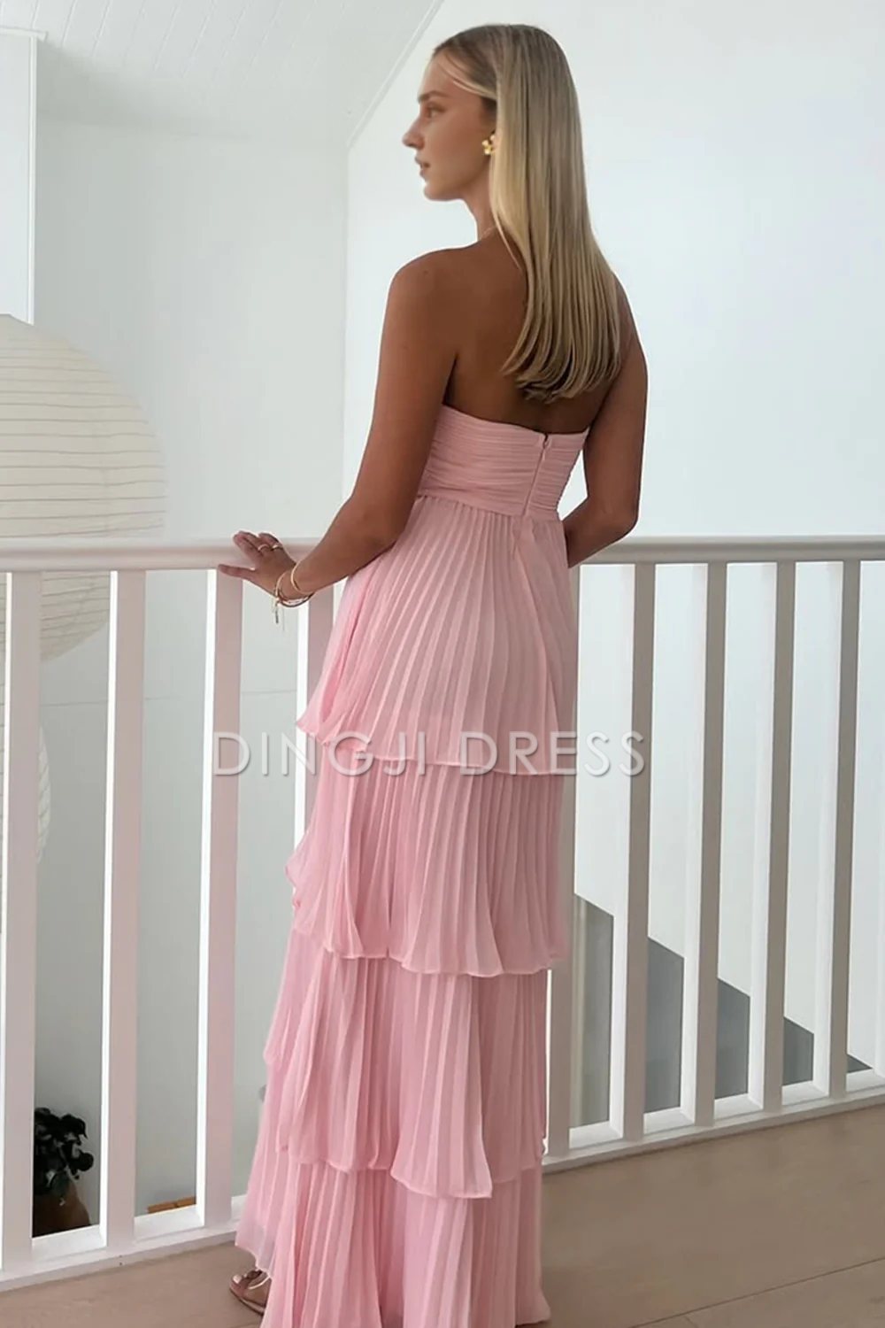DingJiDress Chic A Line Strapless Sweetheart Ruffles layering Long Fashion Prom Dress