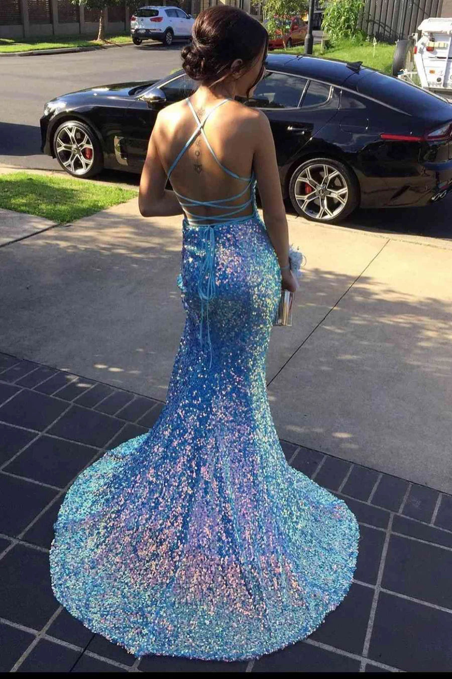 Iridescent Blue Sequin V-Neck Mermaid Long Formal Dress