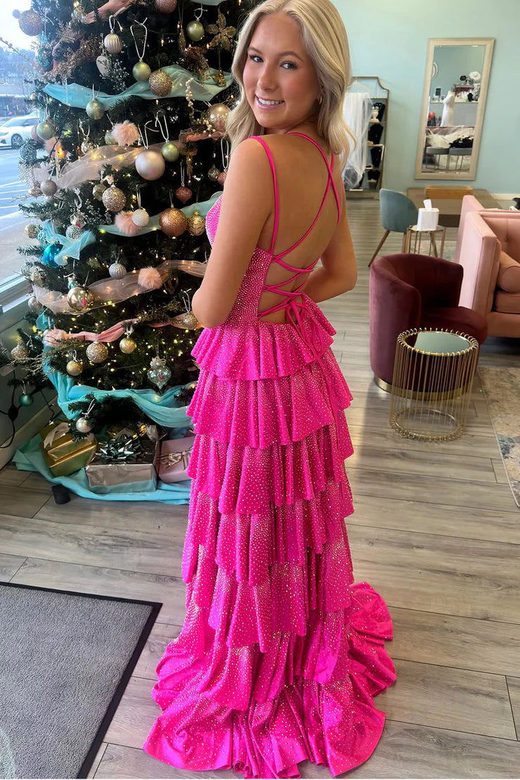 A Line V Neck Pink Tiered Hot Sone Beading Prom Dress