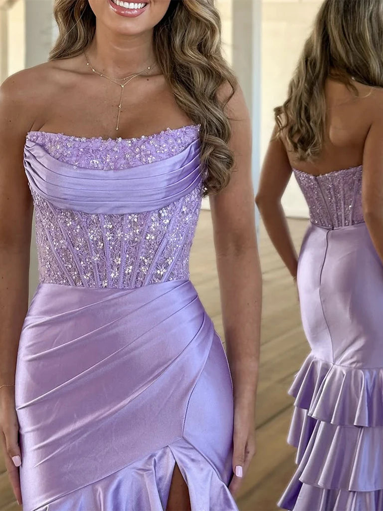 Mermaid Satin Lace Purple Long Prom Dress Purple Long Evening Dress