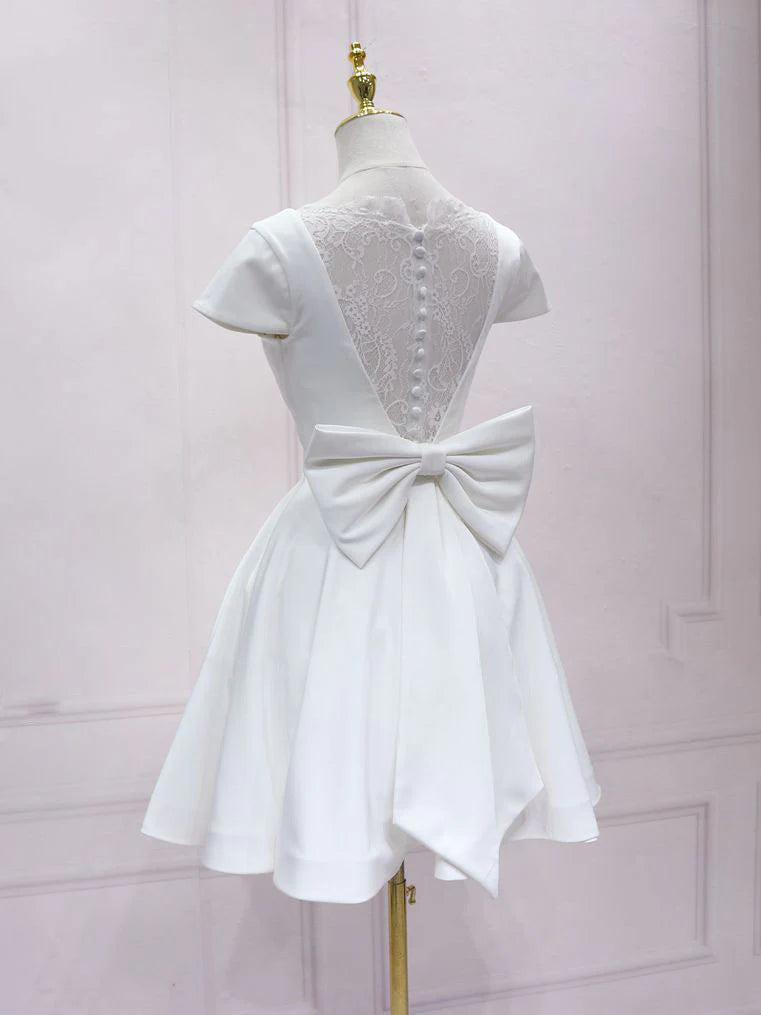 White v neck satin lace short prom dress white homecoming dress