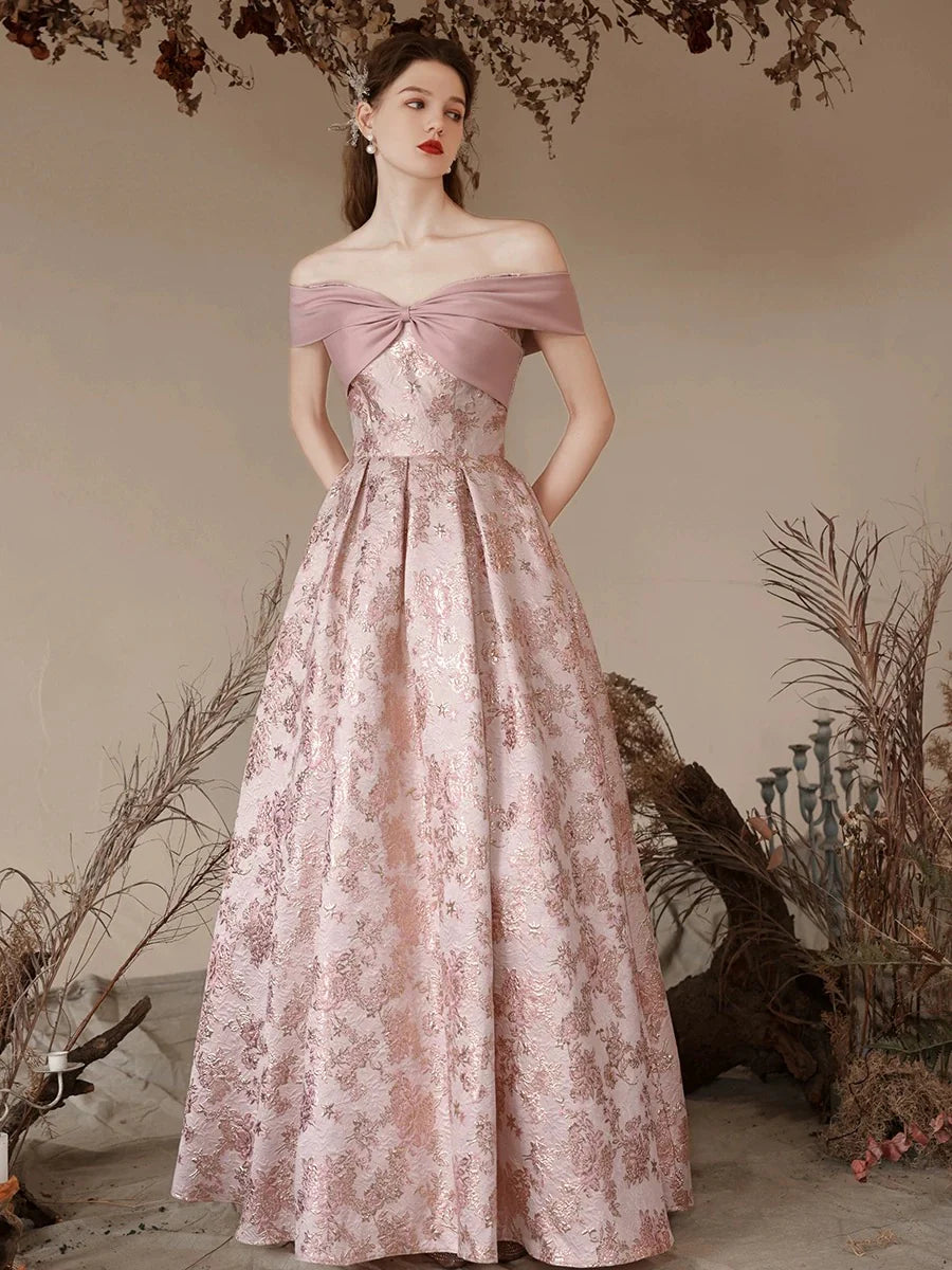 A-Line Off Shoulder Satin Pink Long Prom Dress  Pink Long Evening Dress