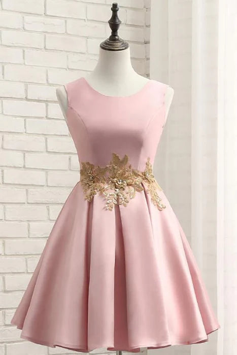 Pink A Line Sleeveless Ruched Homecoming with Gold Appliques Short Prom Dress